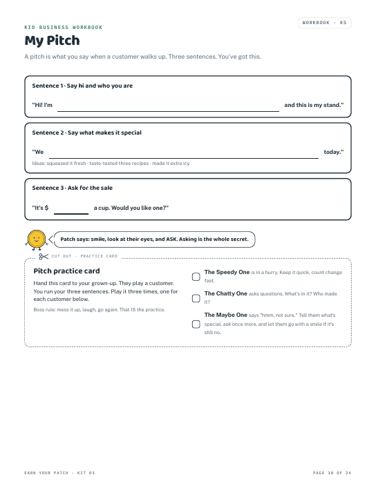 Kid workbook page: My Pitch, with the pitch practice card