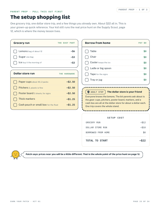 The Lemonade Boss patch page to color, cut, and earn