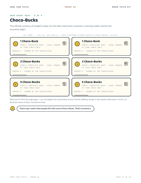 Printable Choco-Bucks currency for the family chocolate shop