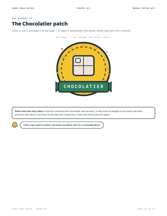 The Chocolatier patch to color, cut, and earn